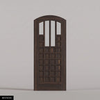 Murano arched door in Wenge, with four upper glass panels and a grid of wood panels. Labeled wood species view.