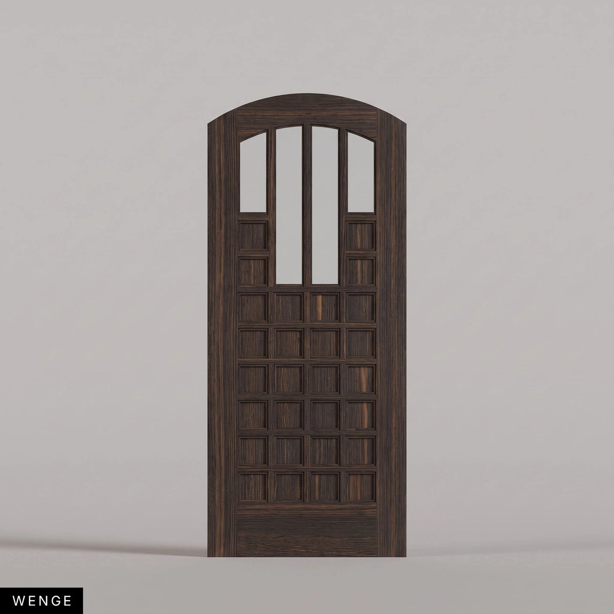 Murano arched door in Wenge, with four upper glass panels and a grid of wood panels. Labeled wood species view.