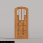 Murano arched door in Western Red Cedar, with four upper glass panels and a grid of wood panels. Labeled wood species view.