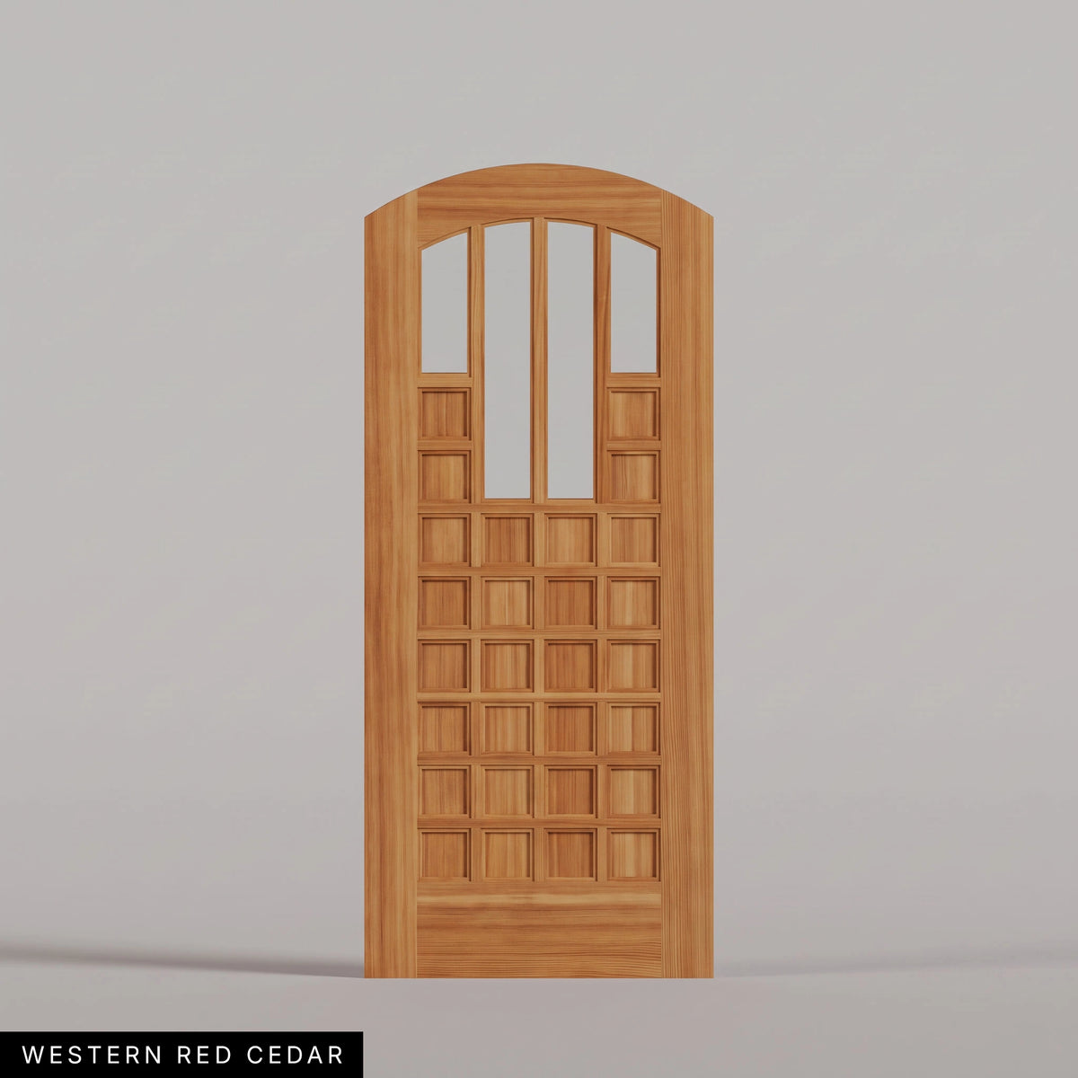 Murano arched door in Western Red Cedar, with four upper glass panels and a grid of wood panels. Labeled wood species view.