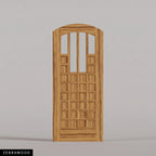 Murano arched door in Zebrawood, with four upper glass panels and a grid of wood panels. Labeled wood species view.