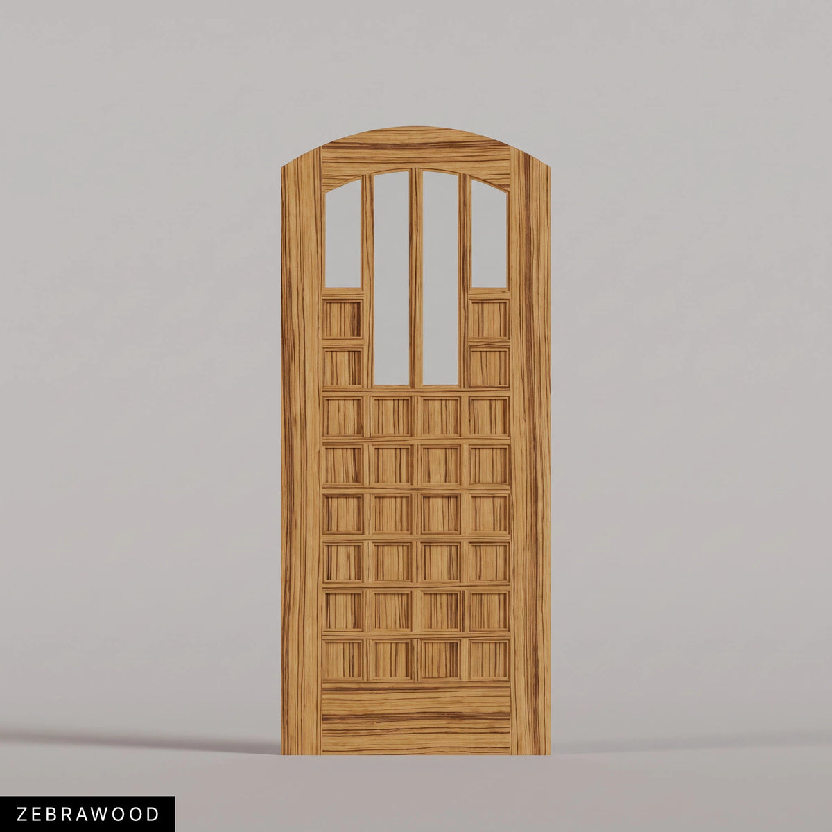 Murano arched door in Zebrawood, with four upper glass panels and a grid of wood panels. Labeled wood species view.