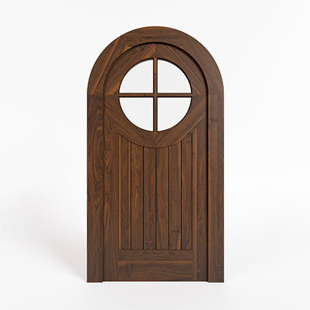 Image of a Walnut Round Top Door with a Window and Casing