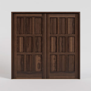 Walnut Wood Anacortes Nine Panel Carriage Style Garage Door with a jamb and threshold