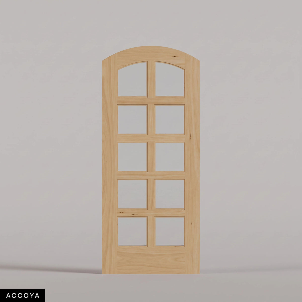 Padua arched door in Accoya, with ten glass panes in two columns. Labeled wood species view.