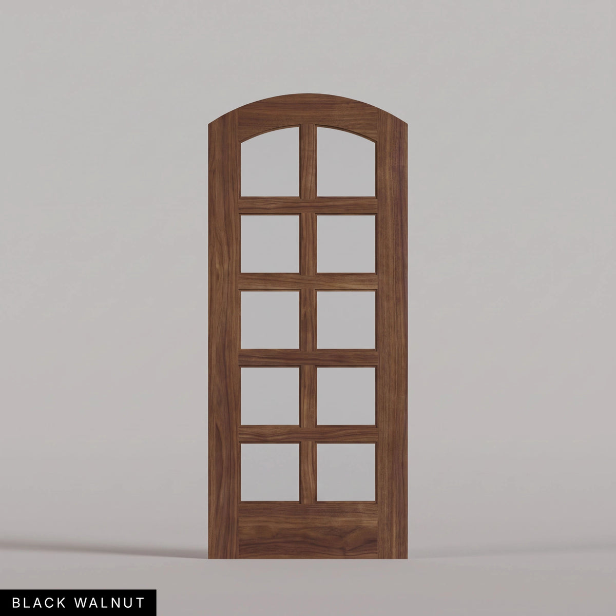 Padua arched door in Black Walnut, with ten glass panes in two columns. Labeled wood species view.