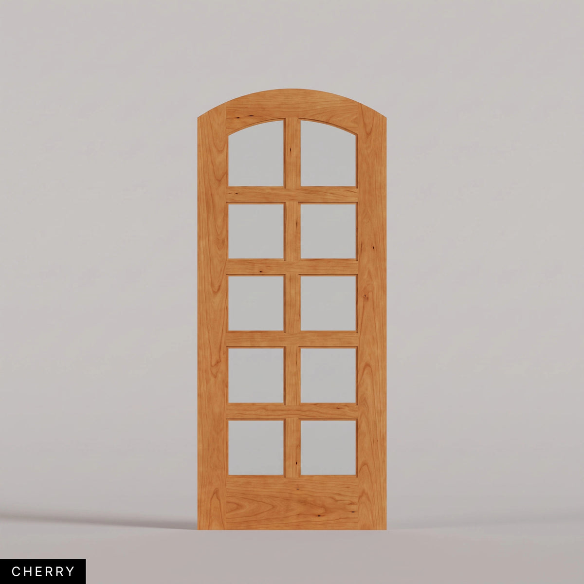 Padua arched door in Cherry, with ten glass panes in two columns. Labeled wood species view.