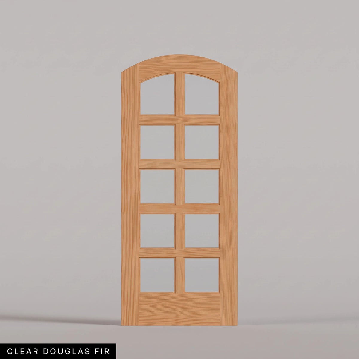 Padua arched door in Clear Douglas Fir, with ten glass panes in two columns. Labeled wood species view.