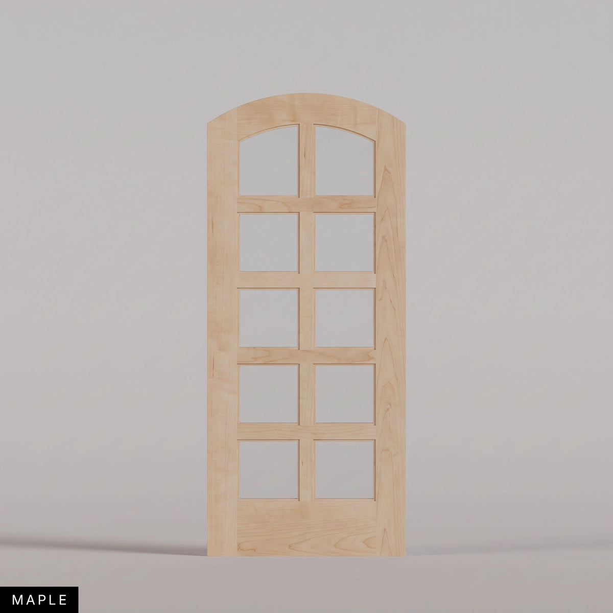 Padua arched door in Maple, with ten glass panes in two columns. Labeled wood species view.