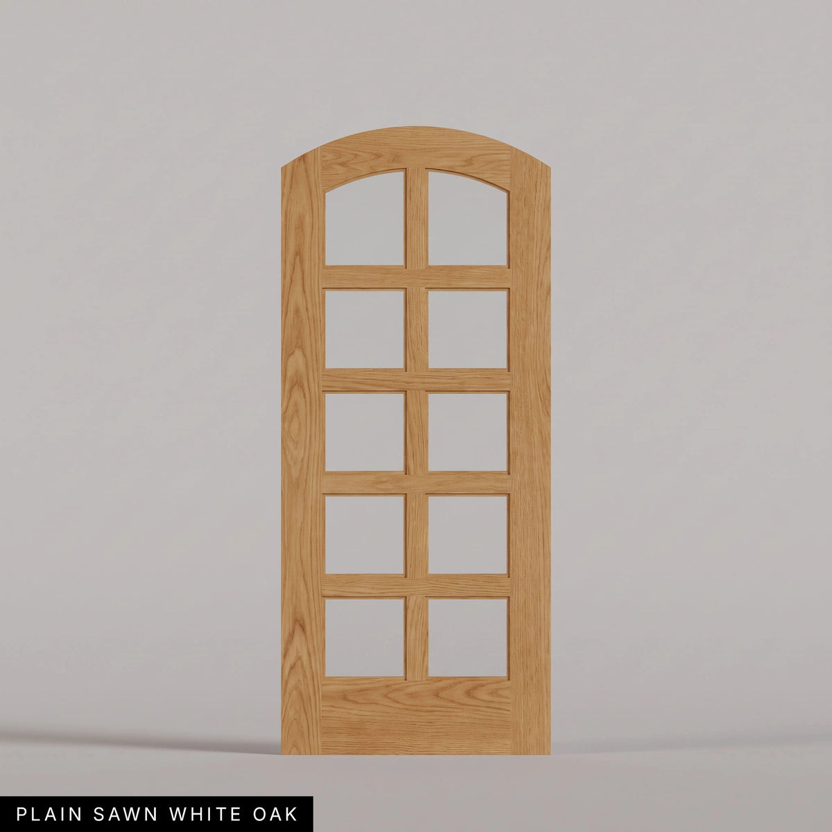 Padua arched door in Plain Sawn White Oak, with ten glass panes in two columns. Labeled wood species view.
