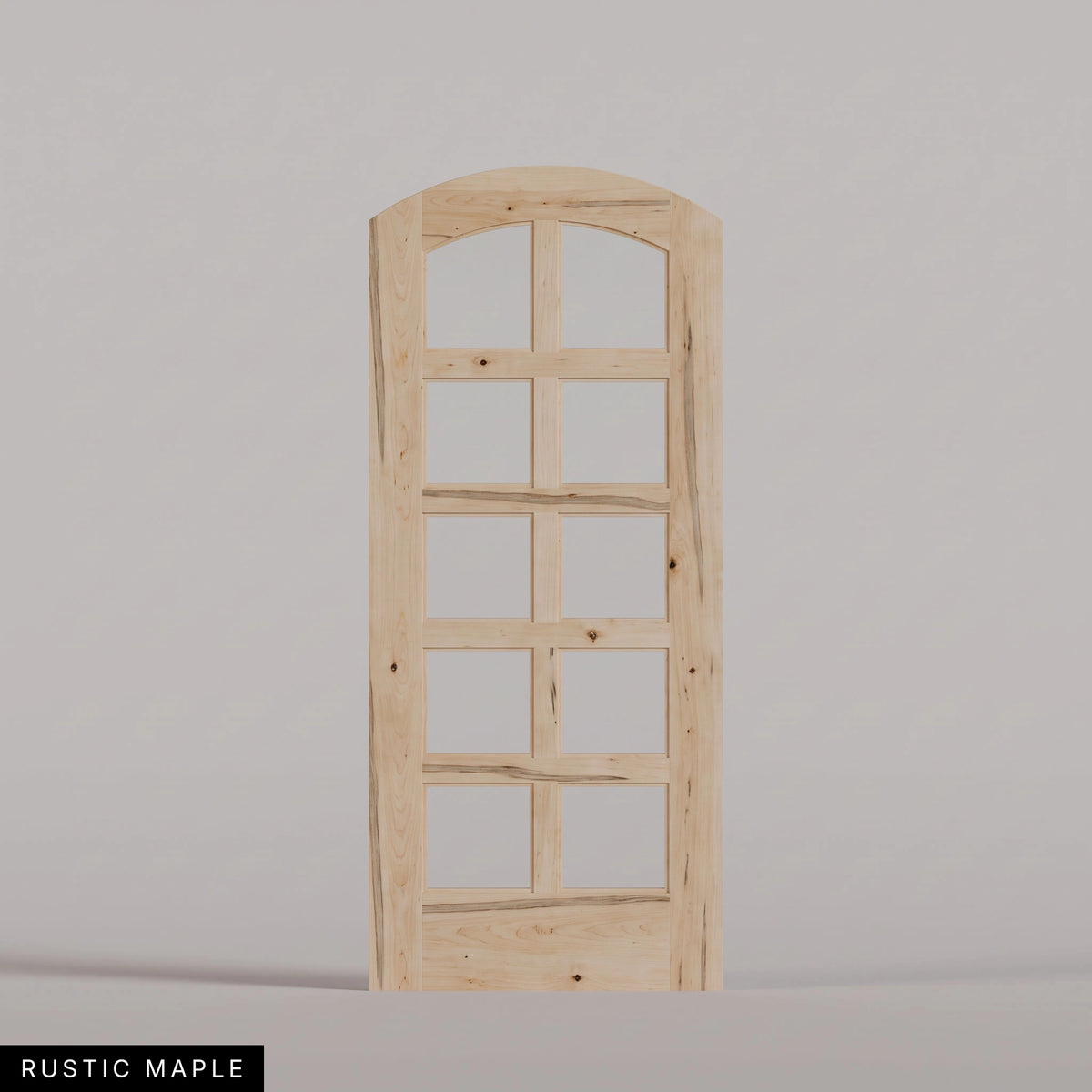 Padua arched door in Rustic Maple, with ten glass panes in two columns. Labeled wood species view.