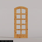 Padua arched door in Tight Knot Cedar, with ten glass panes in two columns. Labeled wood species view.