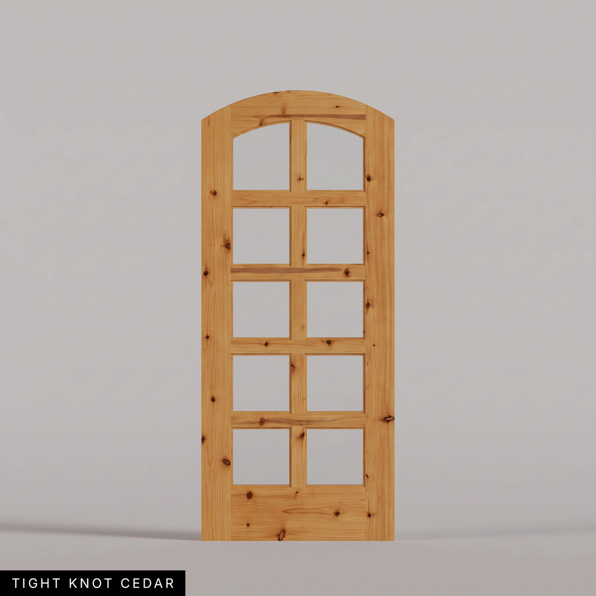 Padua arched door in Tight Knot Cedar, with ten glass panes in two columns. Labeled wood species view.