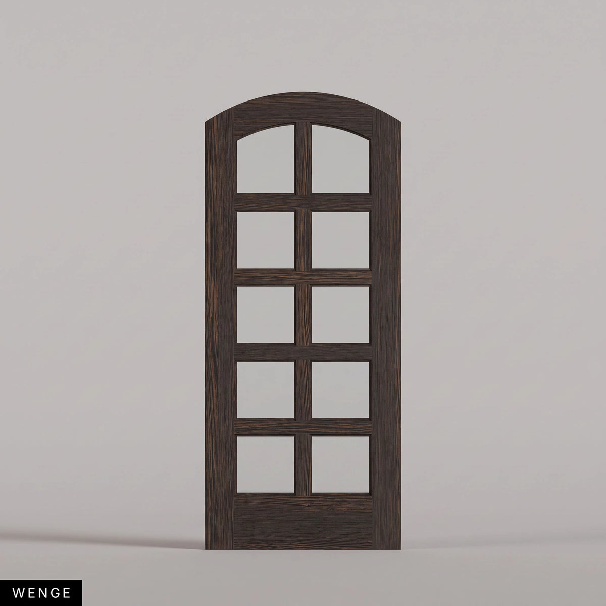 Padua arched door in Wenge, with ten glass panes in two columns. Labeled wood species view.