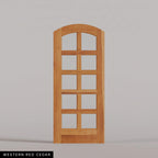 Padua arched door in Western Red Cedar, with ten glass panes in two columns. Labeled wood species view.