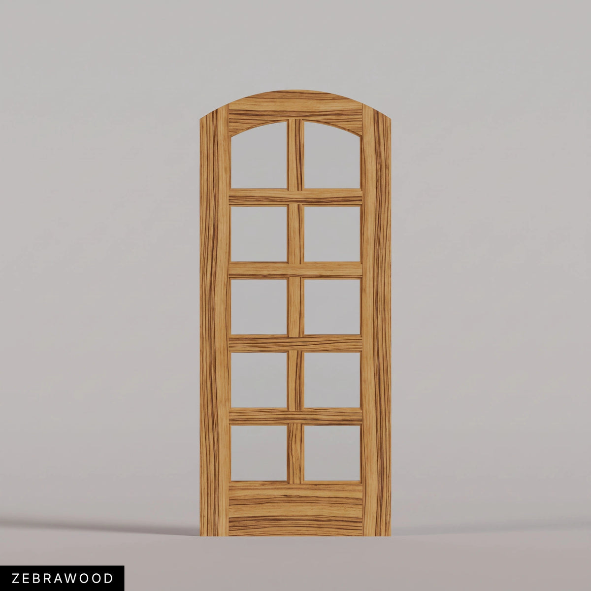 Padua arched door in Zebrawood, with ten glass panes in two columns. Labeled wood species view.