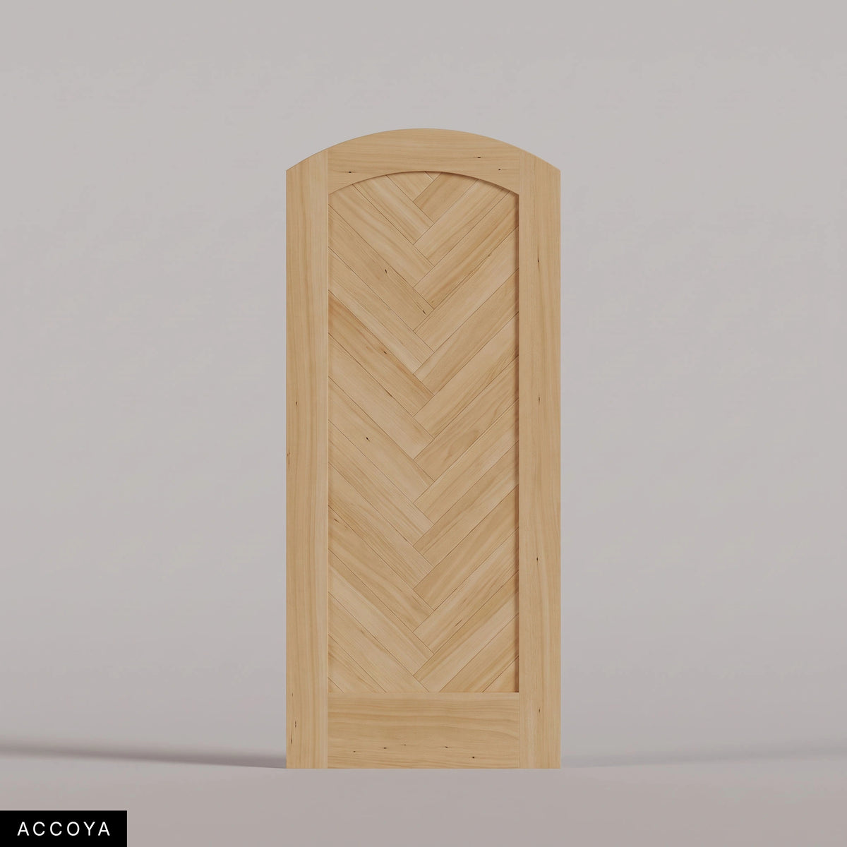 Palermo arched door in Accoya, with a downward-pointing herringbone pattern. Labeled wood species view.