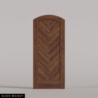 Palermo arched door in Black Walnut, with a downward-pointing herringbone pattern. Labeled wood species view.
