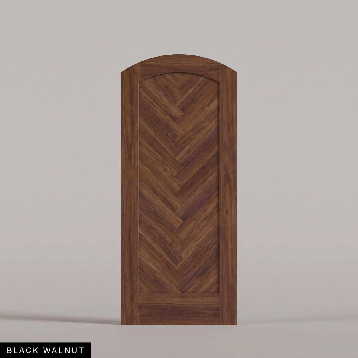 Palermo arched door in Black Walnut, with a downward-pointing herringbone pattern. Labeled wood species view.