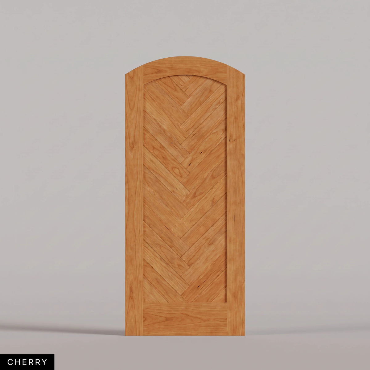 Palermo arched door in Cherry, with a downward-pointing herringbone pattern. Labeled wood species view.