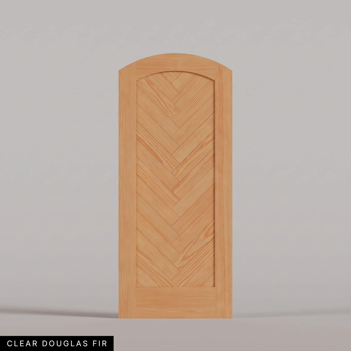 Palermo arched door in Clear Douglas Fir, with a downward-pointing herringbone pattern. Labeled wood species view.