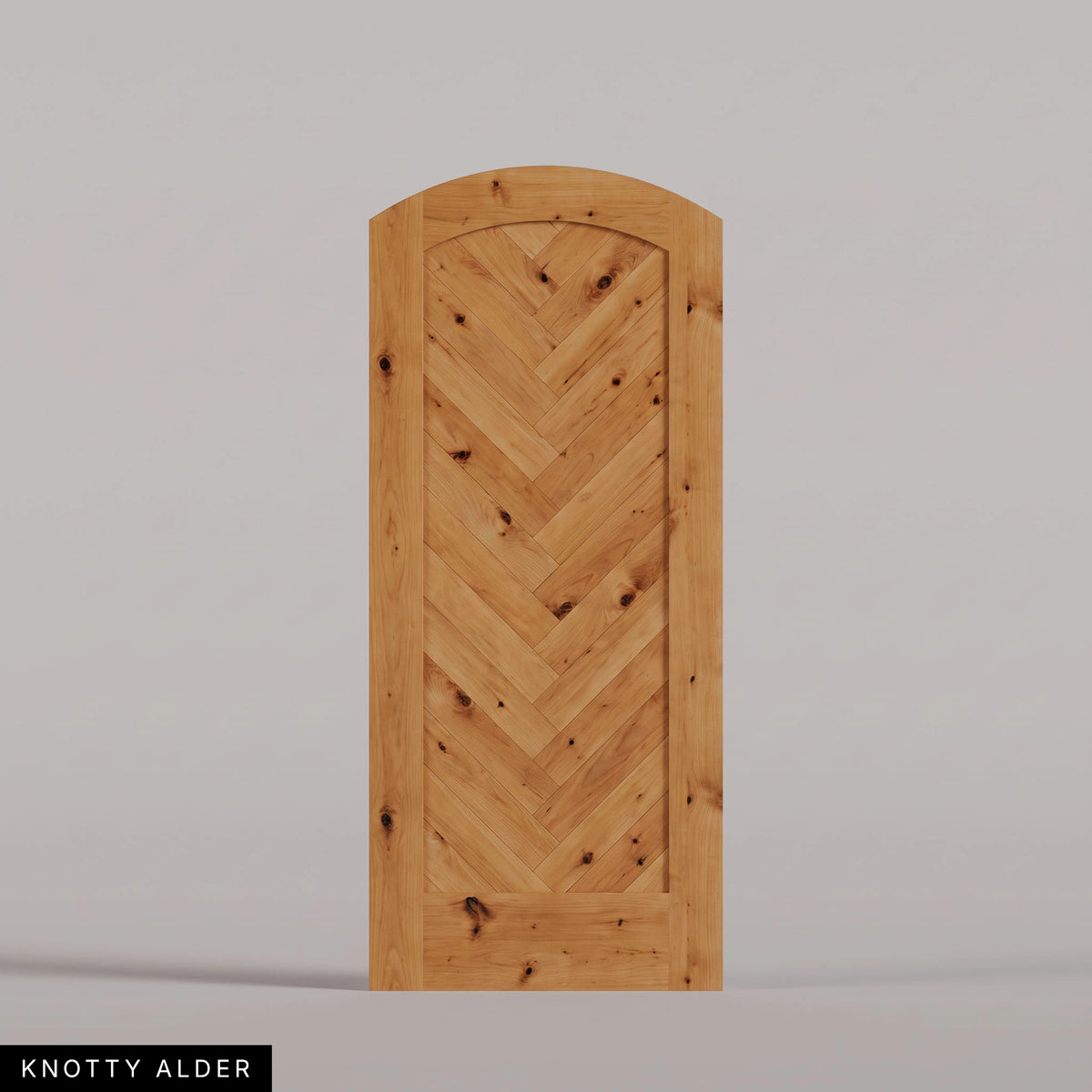 Palermo arched door in Knotty Alder, with a downward-pointing herringbone pattern. Labeled wood species view.