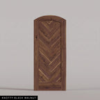 Palermo arched door in Knotty Black Walnut, with a downward-pointing herringbone pattern. Labeled wood species view.