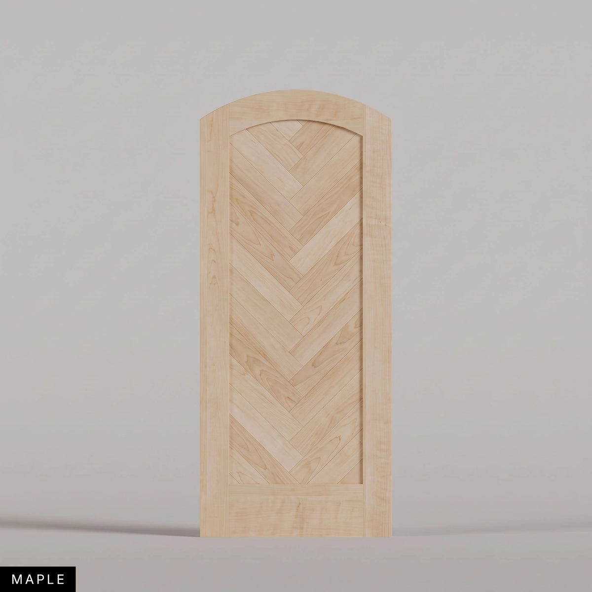 Palermo arched door in Maple, with a downward-pointing herringbone pattern. Labeled wood species view.