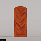 Palermo arched door in Padauk, with a downward-pointing herringbone pattern. Labeled wood species view.