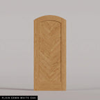Palermo arched door in Plain Sawn White Oak, with a downward-pointing herringbone pattern. Labeled wood species view.