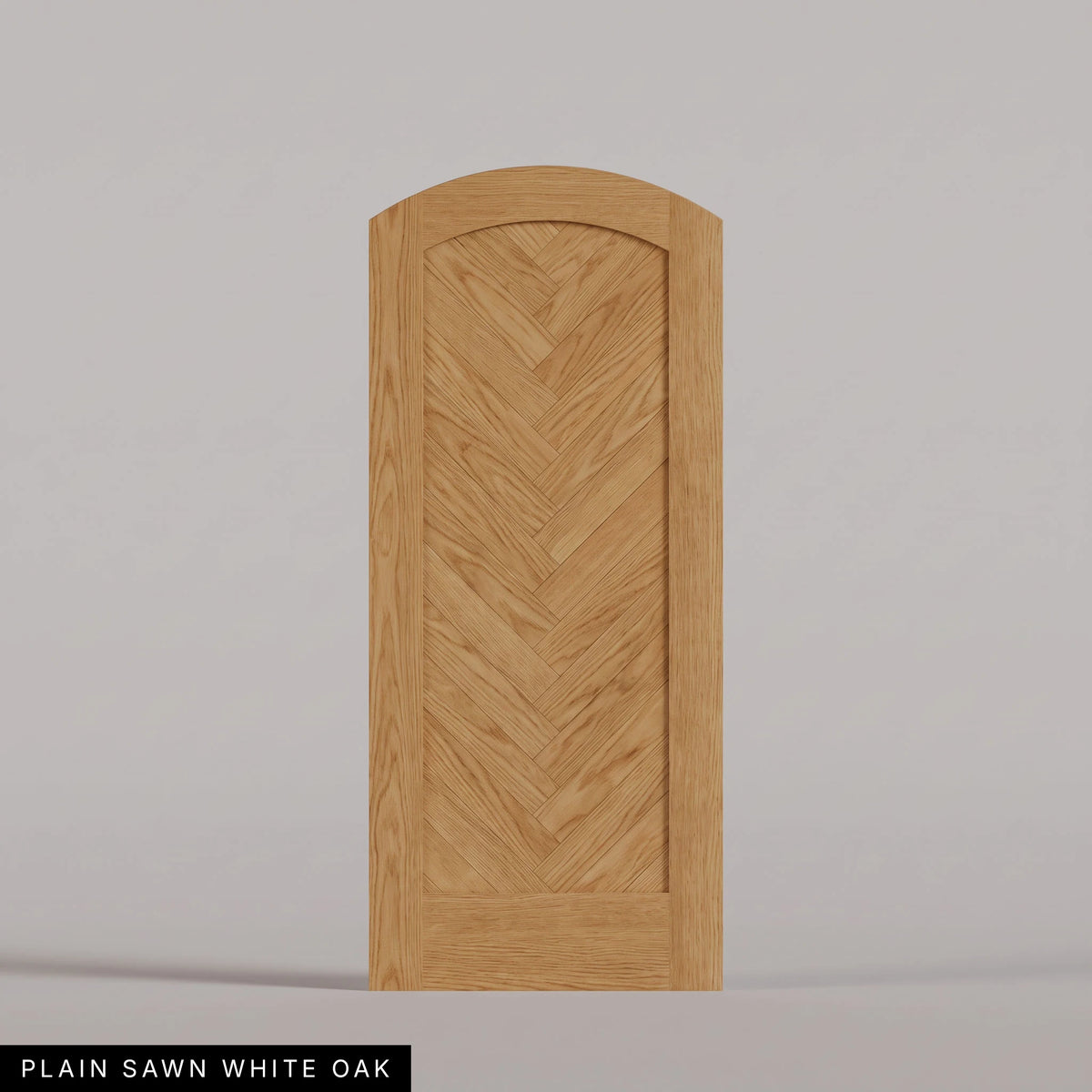 Palermo arched door in Plain Sawn White Oak, with a downward-pointing herringbone pattern. Labeled wood species view.
