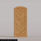 Palermo arched door in Quarter Sawn White Oak, with a downward-pointing herringbone pattern. Labeled wood species view.
