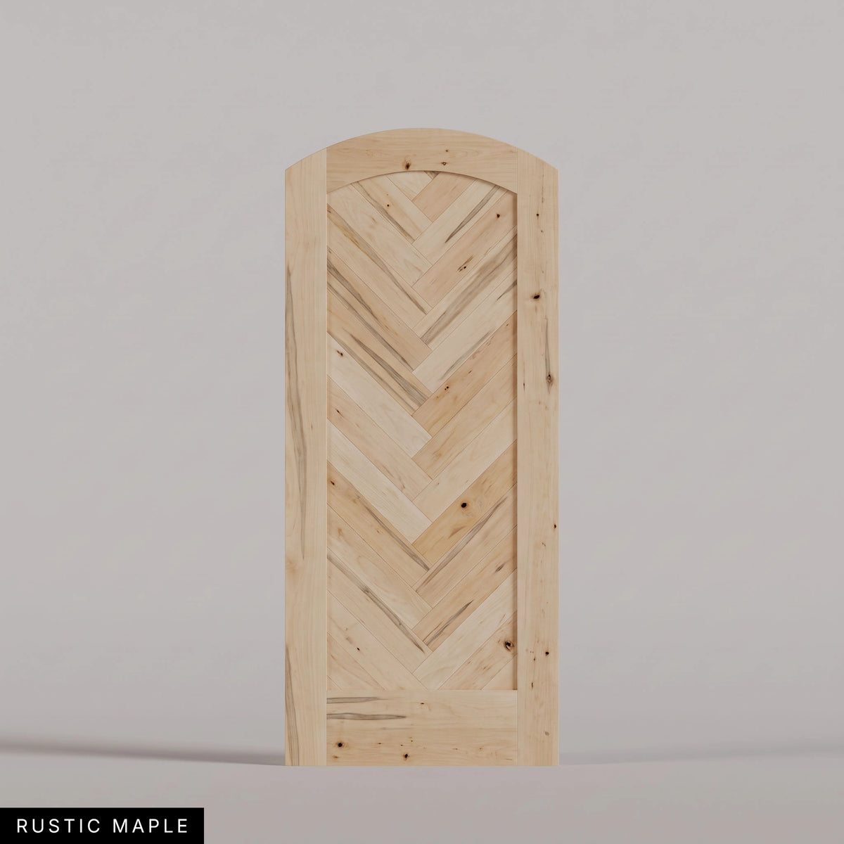 Palermo arched door in Rustic Maple, with a downward-pointing herringbone pattern. Labeled wood species view.