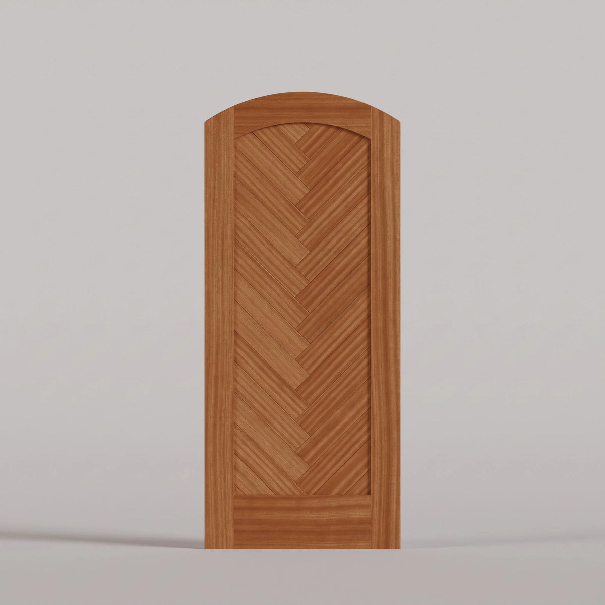 Palermo arched door in Sapele Mahogany, with a downward-pointing herringbone pattern.