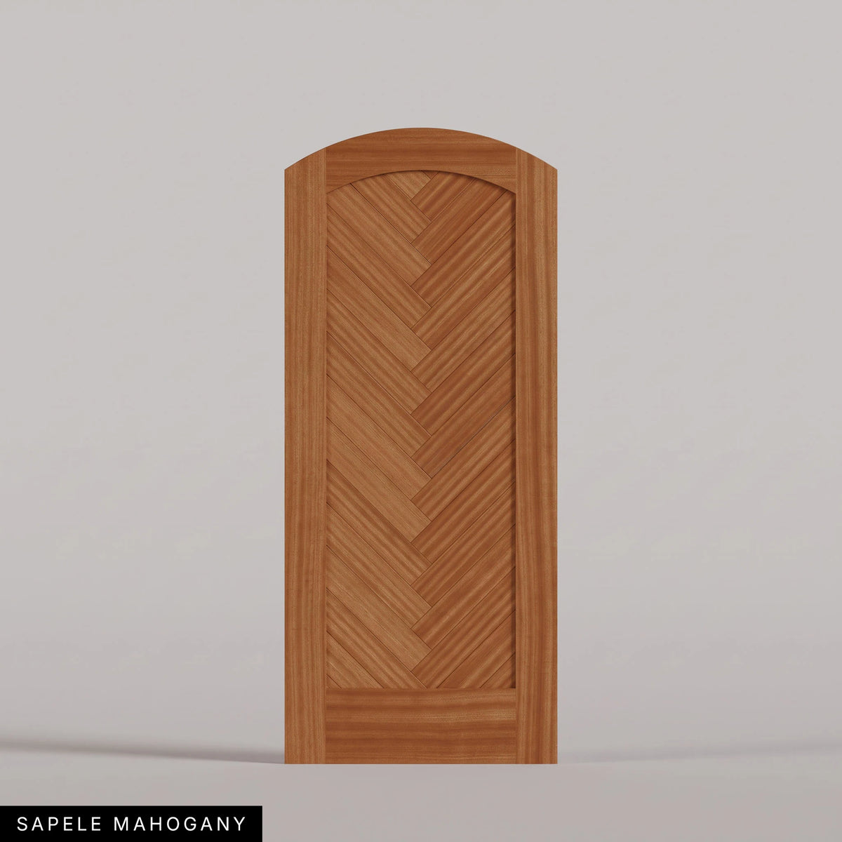 Palermo arched door in Sapele Mahogany, with a downward-pointing herringbone pattern. Labeled wood species view.
