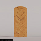 Palermo arched door in Tight Knot Cedar, with a downward-pointing herringbone pattern. Labeled wood species view.