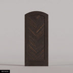 Palermo arched door in Wenge, with a downward-pointing herringbone pattern. Labeled wood species view.