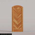 Palermo arched door in Western Red Cedar, with a downward-pointing herringbone pattern. Labeled wood species view.