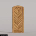 Palermo arched door in Zebrawood, with a downward-pointing herringbone pattern. Labeled wood species view.