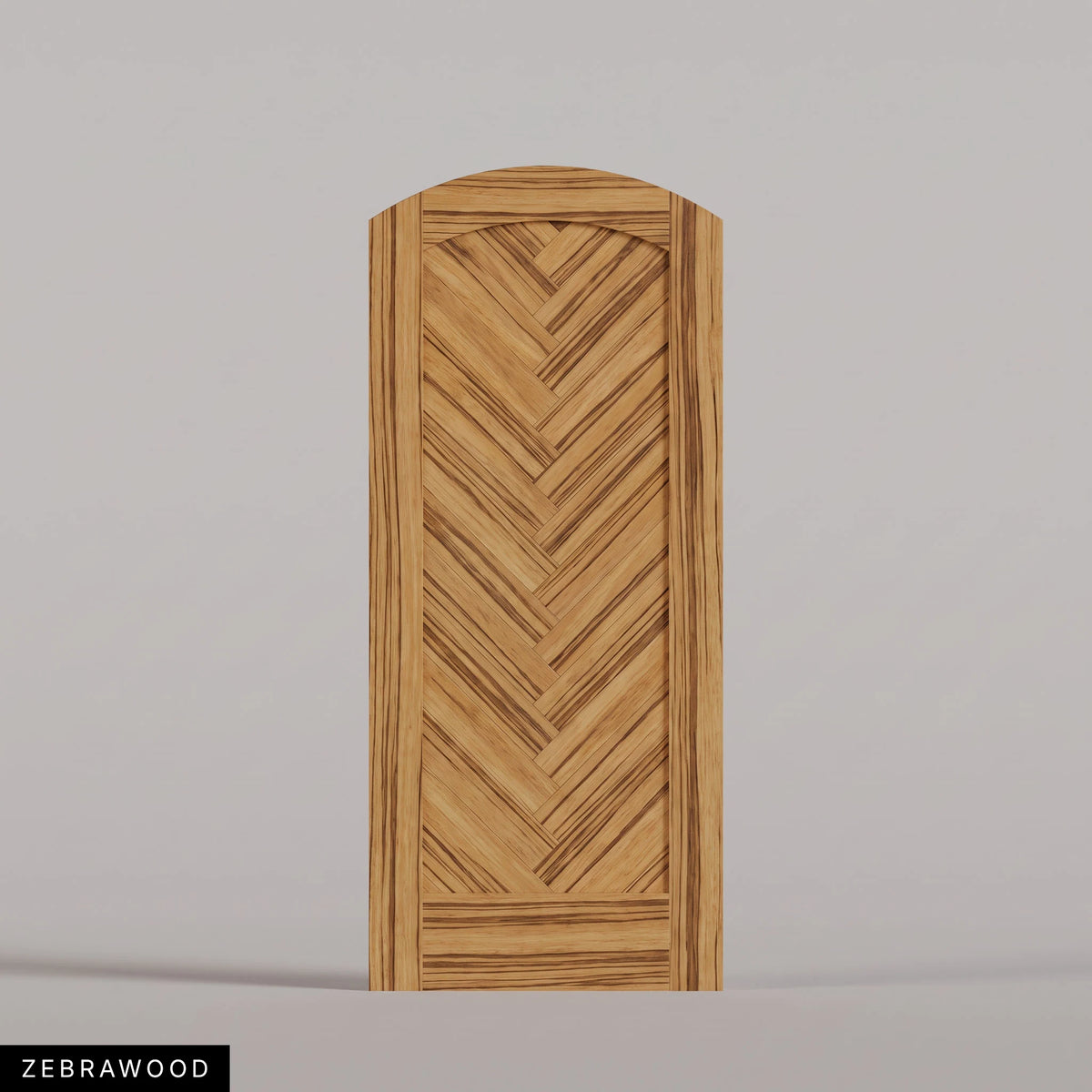 Palermo arched door in Zebrawood, with a downward-pointing herringbone pattern. Labeled wood species view.