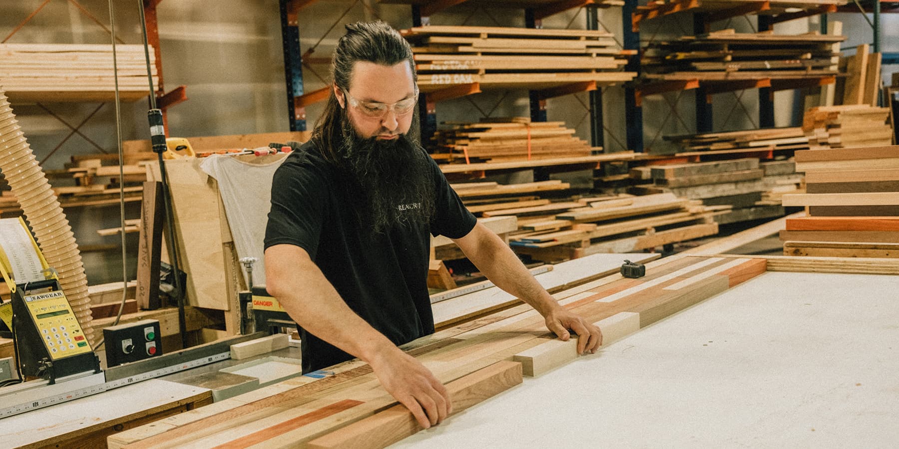 Craftsman test fits pieces of Palomino countertop 