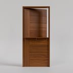 Wooden dutch door open with shelf with a modern design on a gray background