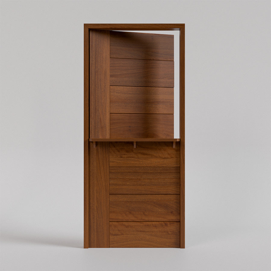 Wooden dutch door open with shelf with a modern design on a gray background