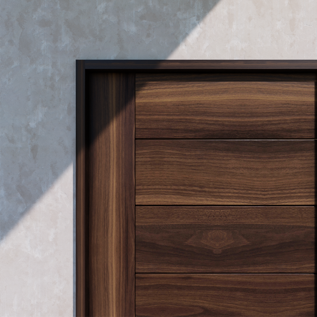 Walnut wood modern carriage door door leg and horizontal planks close up