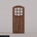 Portofino arched door in Black Walnut, with nine upper glass panes and a vertical-plank lower panel. Labeled wood species view.