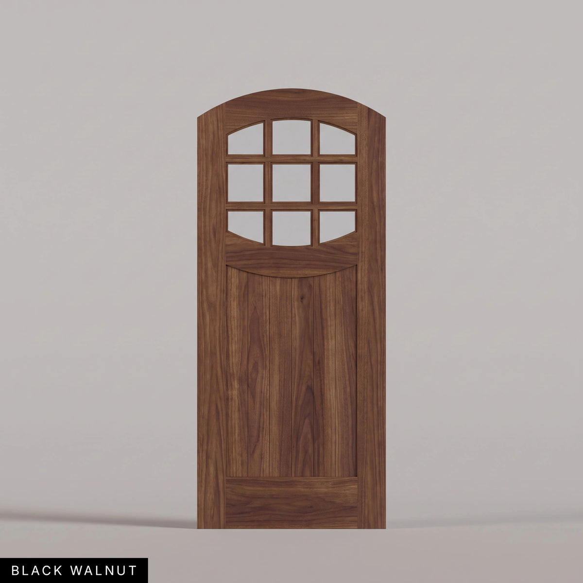Portofino arched door in Black Walnut, with nine upper glass panes and a vertical-plank lower panel. Labeled wood species view.
