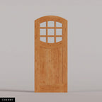 Portofino arched door in Cherry, with nine upper glass panes and a vertical-plank lower panel. Labeled wood species view.
