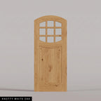 Portofino arched door in Knotty White Oak, with nine upper glass panes and a vertical-plank lower panel. Labeled wood species view.