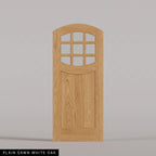Portofino arched door in Plain Sawn White Oak, with nine upper glass panes and a vertical-plank lower panel. Labeled wood species view.