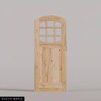 Portofino arched door in Rustic Maple, with nine upper glass panes and a vertical-plank lower panel. Labeled wood species view.